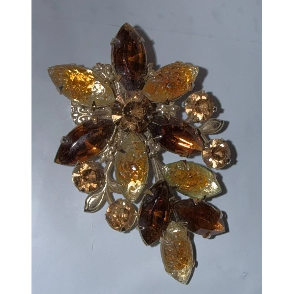Vintage Warm Tone Rhinestone Floral Brooch Amber Cream Soda Crushed Ice Glass